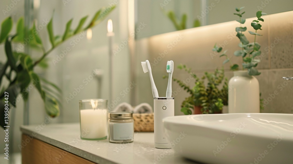 Fototapeta premium Modern Bathroom Background with Electric Toothbrush and Soft Lighting