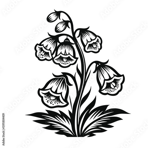 Campanula Flower Silhouette, Monochrome Floral Art, Elegant Blossom, Botanical Print