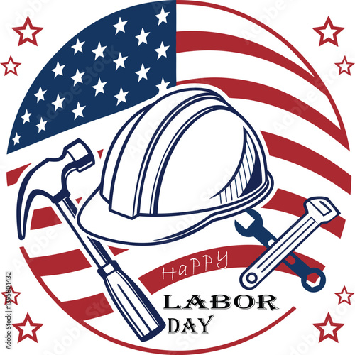 Labor day Illustration with hard hat, hammer, wrench and USA flag