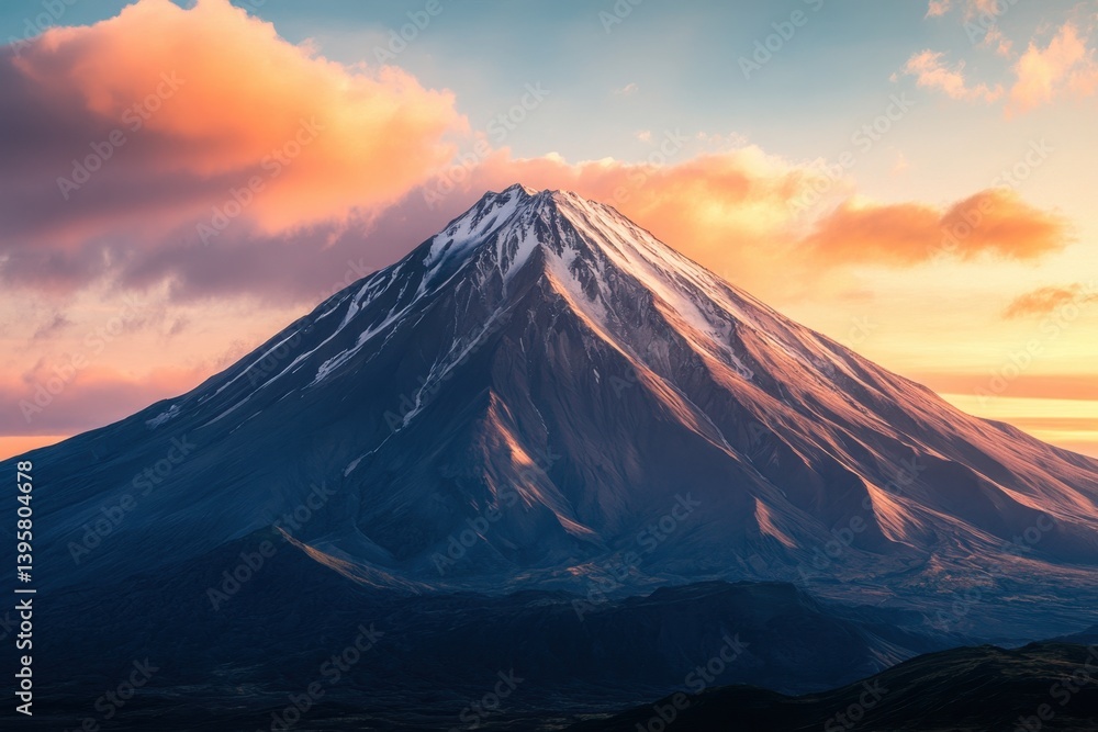 Majestic snow-capped mountain peaks under a colorful sunset sky in stunning landscape