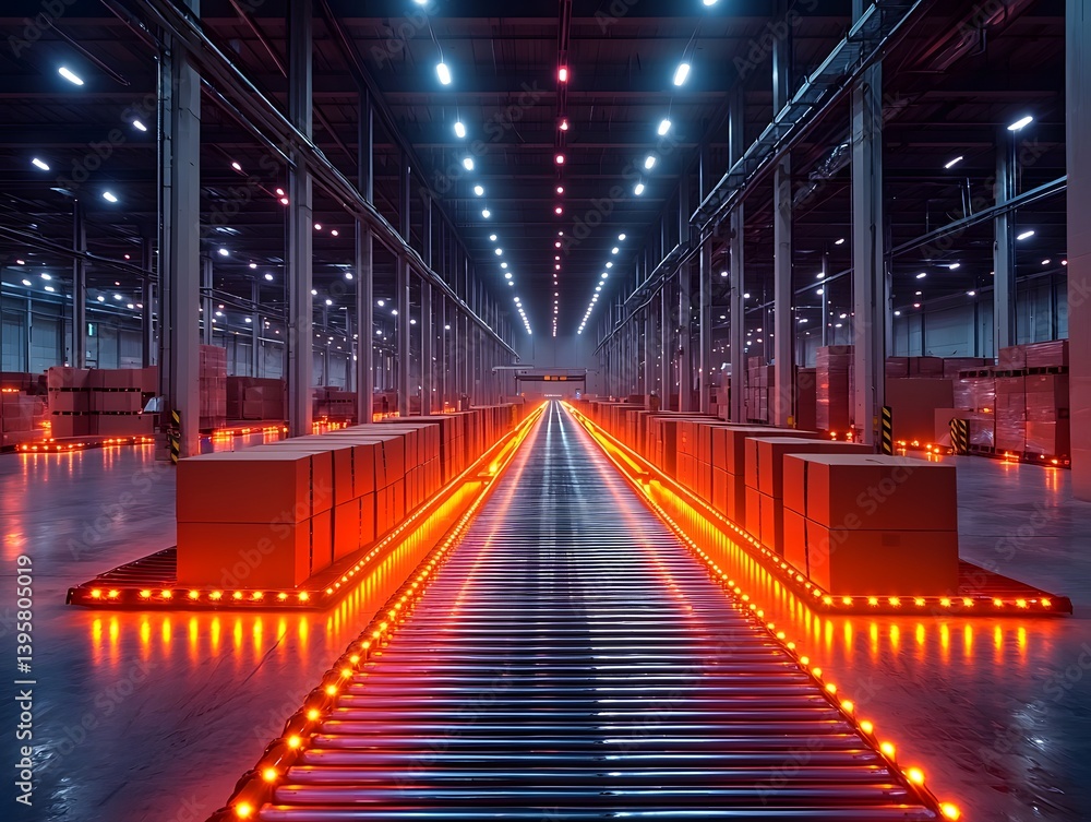 Automated Wholesale Order Fulfillment Center with Glowing Conveyor Belts Automated Wholesale Order Fulfillment Center with Glowing Conveyor Belts