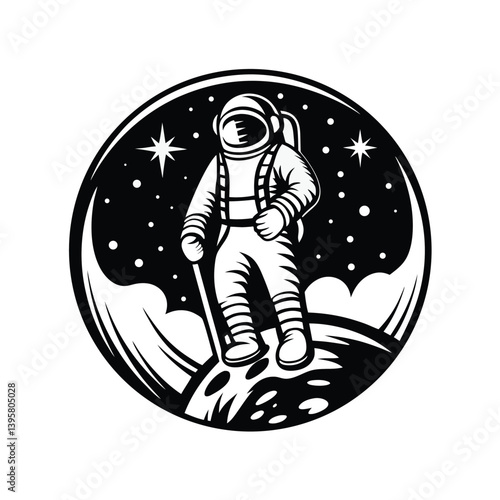 Cartoon Spaceman Silhouette on Moon with Stars in Circle, Black and White