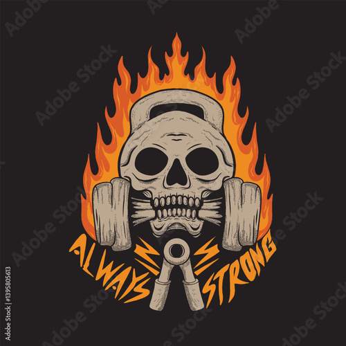 skull lifting barbell logo vector vintage illustration