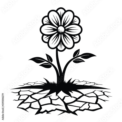 Detailed Black Flower with Leaves Emerging from Cracked, Arid Soil, Isolated