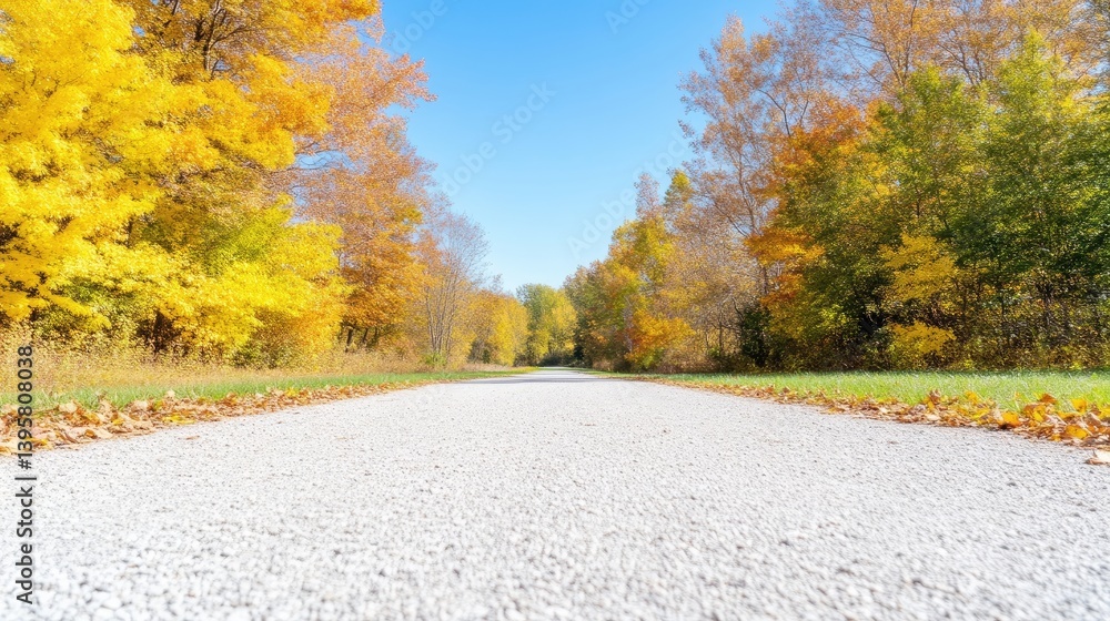 Obraz premium Autumn Pathway Through Colorful Woods. A paved path winds through a vibrant autumn forest, showcasing a mix of brilliant yellow and orange leaves against a clear blue sky. Crisp,