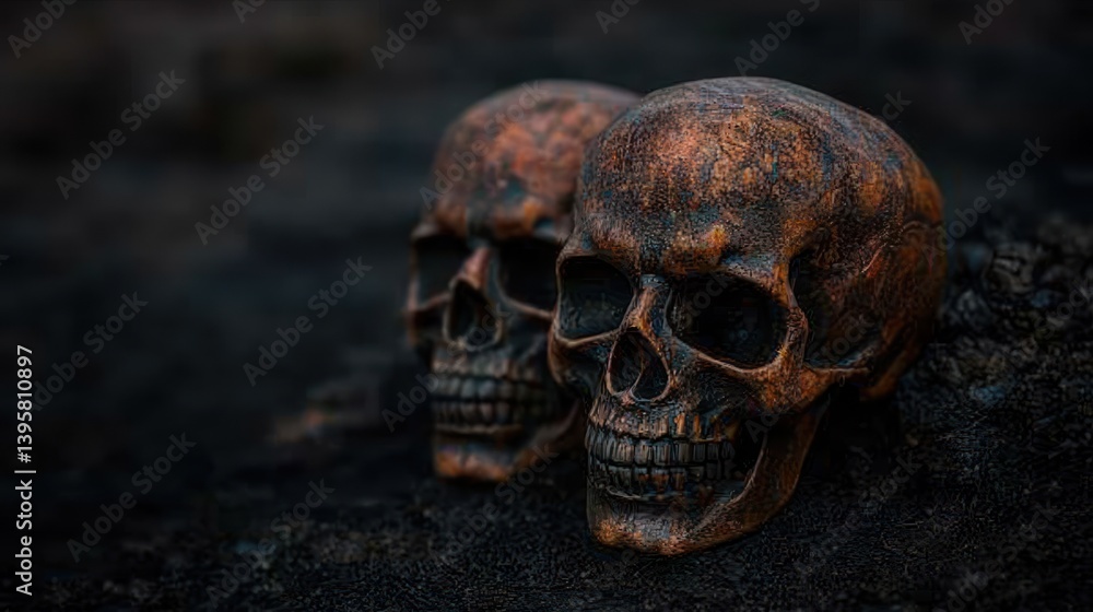 Two skulls resting on dark earth, Halloween concept Two skulls resting on dark earth, Halloween concept