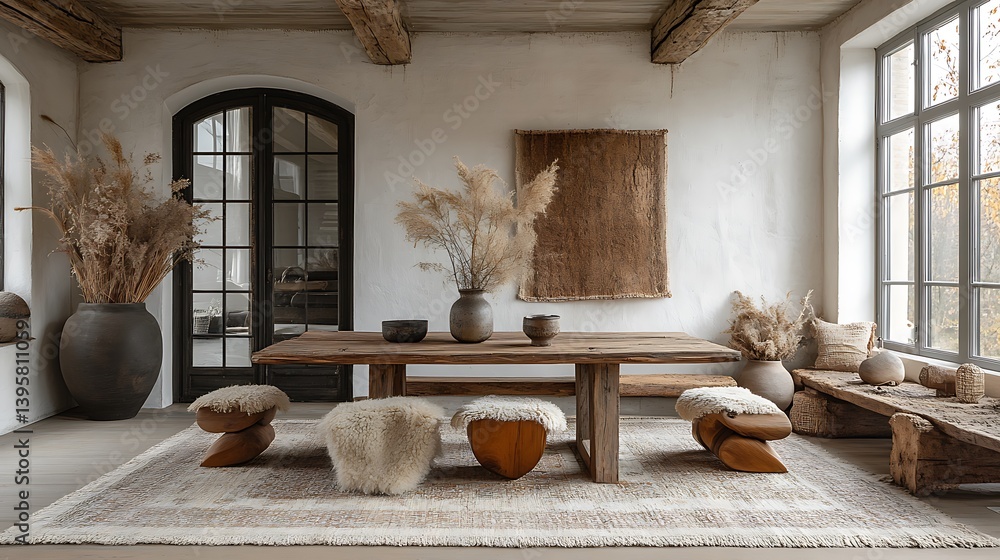 Rustic farmhouse dining room interior design featuring wooden table, sheepskin stools, and neutral color palette.