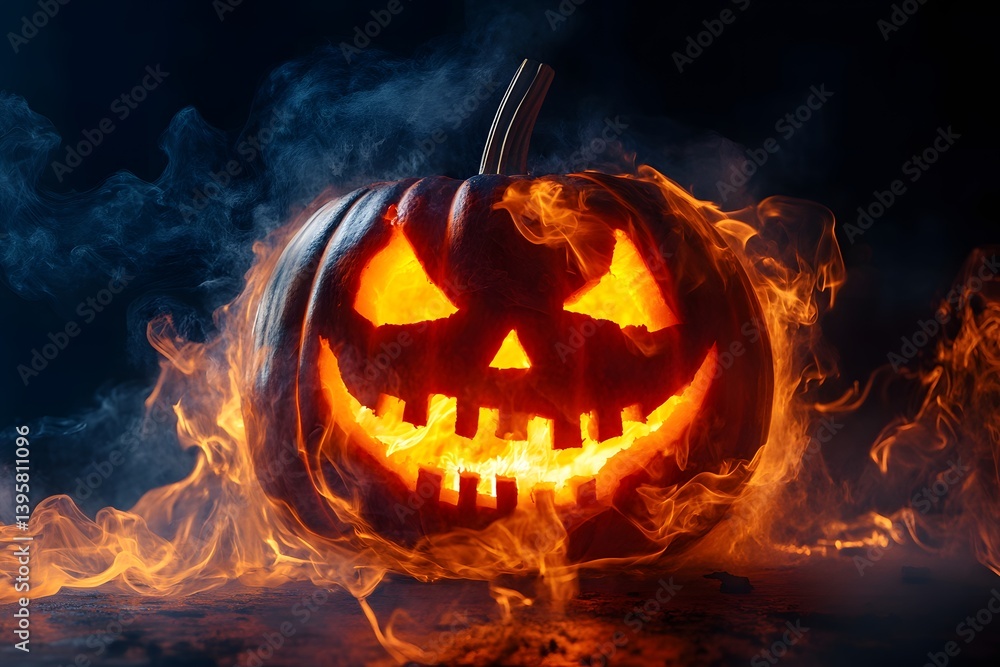 Fototapeta premium Carved pumpkin with glowing face surrounded by flames against a dark background.