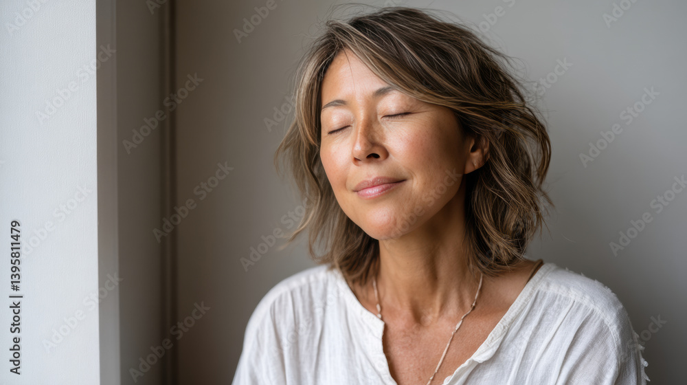 serene woman with closed eyes enjoys moment of calm near window, reflecting wellness and mental clarity. Her relaxed expression embodies balanced work life approach in peaceful workplace setting serene woman with closed eyes enjoys moment of calm near window, reflecting wellness and mental clarity. Her relaxed expression embodies balanced work life approach in peaceful workplace setting