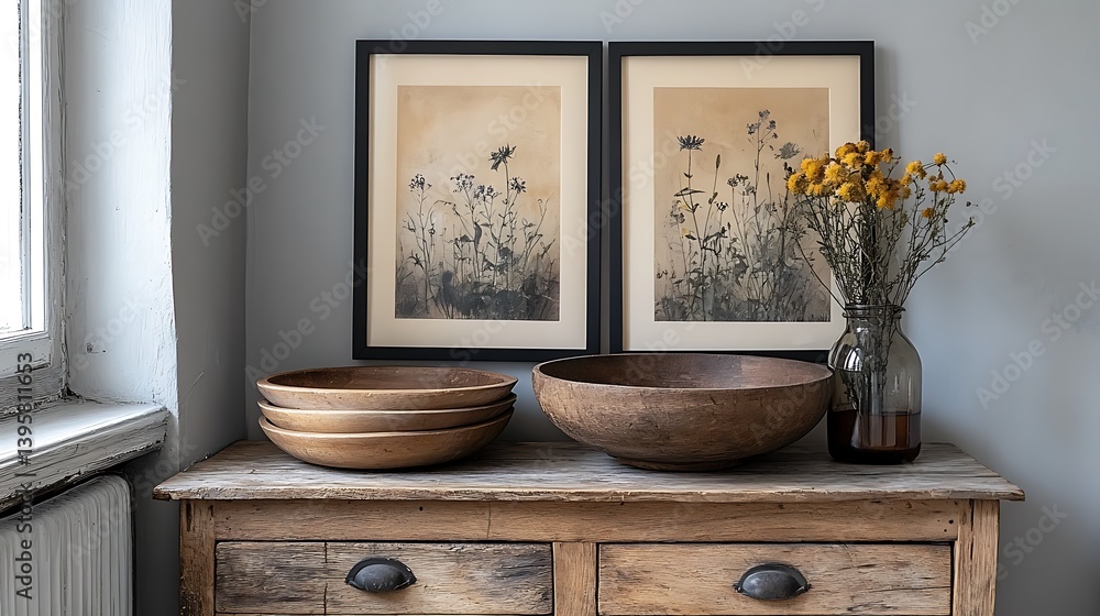 Rustic Home Decor with Wooden Bowls, Botanical Art Prints, and Dried Flowers on a Weathered Wooden Cabinet.