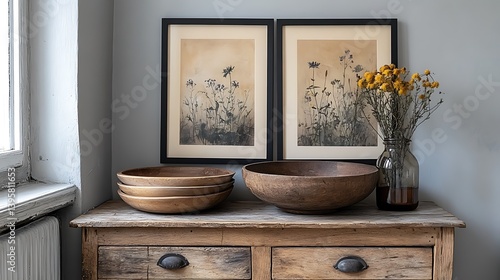 Obraz na płótnie Rustic Home Decor with Wooden Bowls, Botanical Art Prints, and Dried Flowers on a Weathered Wooden Cabinet. w salonie