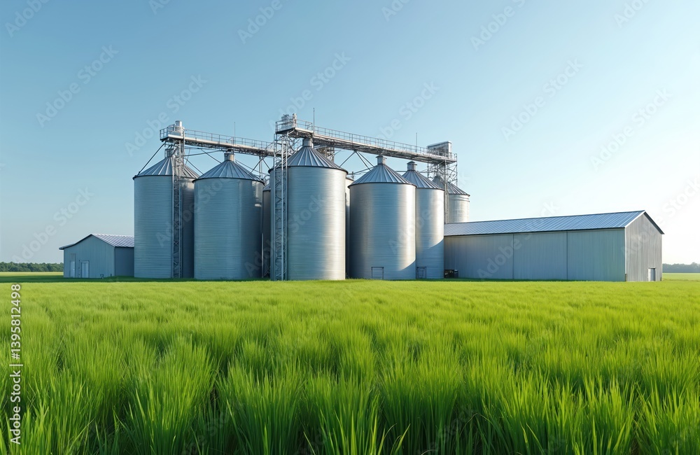 Grain storage silos in agricultural field under clear blue sky. Rural landscape features green grass, crops. Agriculture scene farm, farming, harvest, storage, food production. Ideal for illustrating Grain storage silos in agricultural field under clear blue sky. Rural landscape features green grass, crops. Agriculture scene farm, farming, harvest, storage, food production. Ideal for illustrating