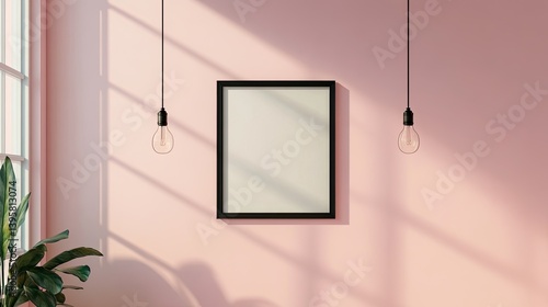 Bright pink wall displays a black frame mockup flanked by greenery and a clock, bathed in natural light from a nearby window