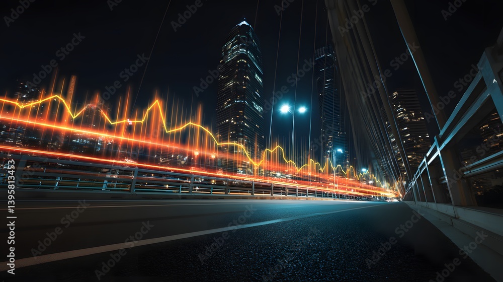 Obraz premium Night cityscape with blurred light trails on a bridge and tall buildings.