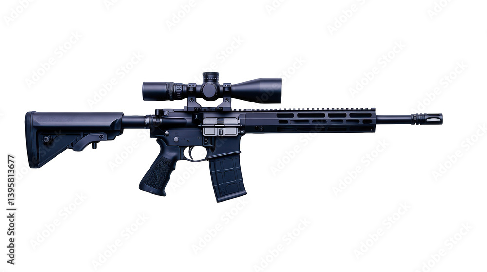 Modern military assault rifle with scope, designed for precision and accuracy Modern military assault rifle with scope, designed for precision and accuracy
