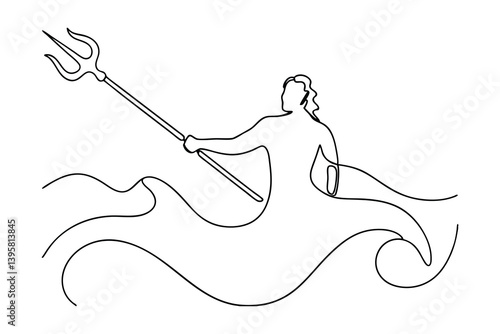 Neptune Poseidon God Of The Sea One Line Drawing With Trident Waves