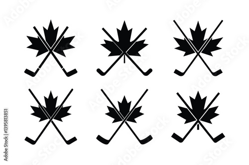 hockey stick crossed maple leaf vector art silhouette