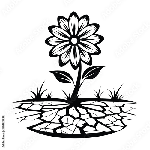 Flower Growing in Cracked Dry Ground Black Silhouette, Resilience, Drought Concept