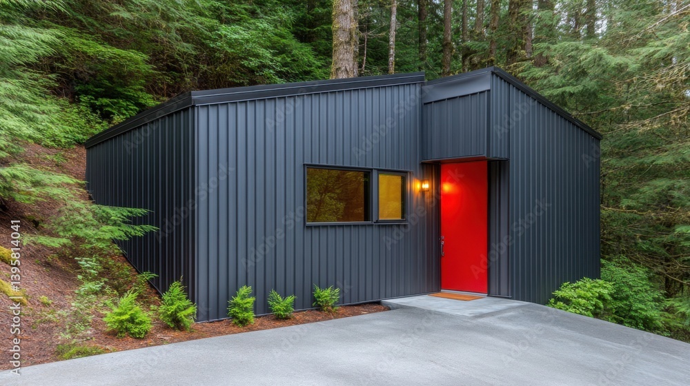 A contemporary accessory dwelling unit (ADU) with a gray metal facade and an eye-catching red entrance A contemporary accessory dwelling unit (ADU) with a gray metal facade and an eye-catching red entrance