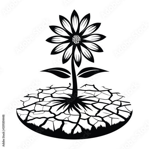 Flower on Cracked Earth, Dry Land Environment, Roots Sprout, Resilience, Black & White