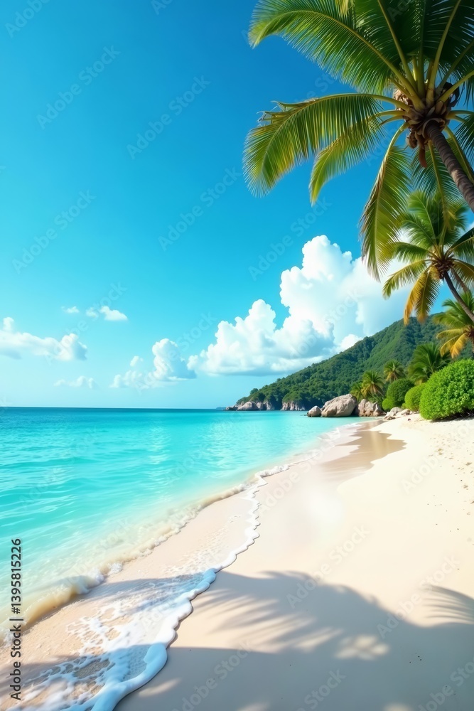 Obraz premium Idyllic beach scene with clear blue sky, white clouds, and calm ocean water, shore, tranquil