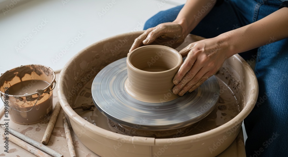 Hands shaping clay on a pottery wheel with tools and water nearby Hands shaping clay on a pottery wheel with tools and water nearby