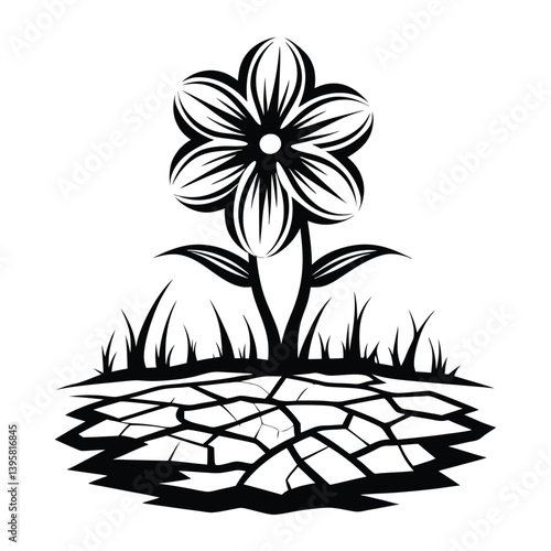 Isolated Black Flower Rising From Cracked Earth Silhouette Art on White Background