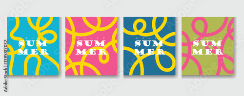  A dynamic collection of four summer posters featuring bold text and vibrant abstract loops on bright backgrounds. Perfect for seasonal promotions and ads.
