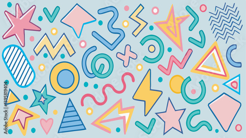 Modern Basic Shapes Set — Star, Arrow, Triangle, Circle, Heart, Zigzag, Spiral, and Wavy Lines. Trendy Memphis Geometric Pattern with a Cool Abstract Retro 80s, 90s Style. Fun and Cute Doodle Design f