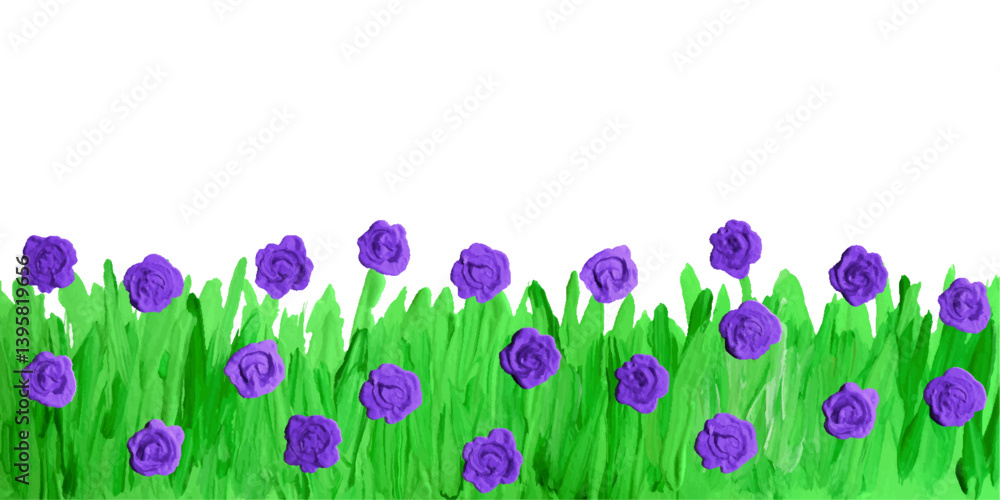 Like kids hand painting acrylic, oil, gouache blooming violet flower lawn. Summer meadow grass plant. Doodle artistic background, banner, border, brush stroke impasto vector texture thick painting