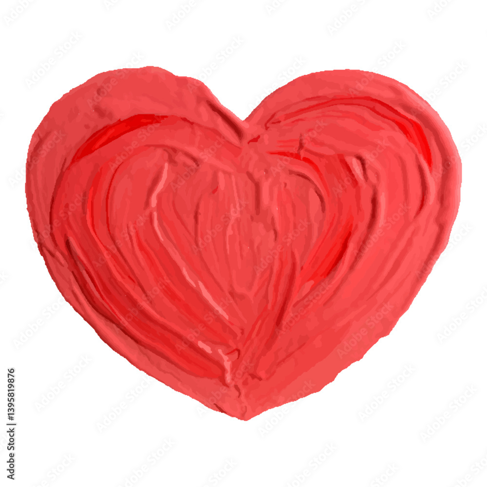 Like kids hand painting acrylic, oil, gouache red heart shape of Valentine day. Doodle funny artistic background, banner, simple frame. Brush stroke impasto vector texture thick layer painting