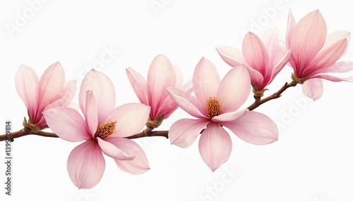 Watercolor painting magnolia branch pink flowers on white background. Delicate blossom art, feminine design. Spring, nature theme. Botanical illustration for decor cards, wedding invites, greeting