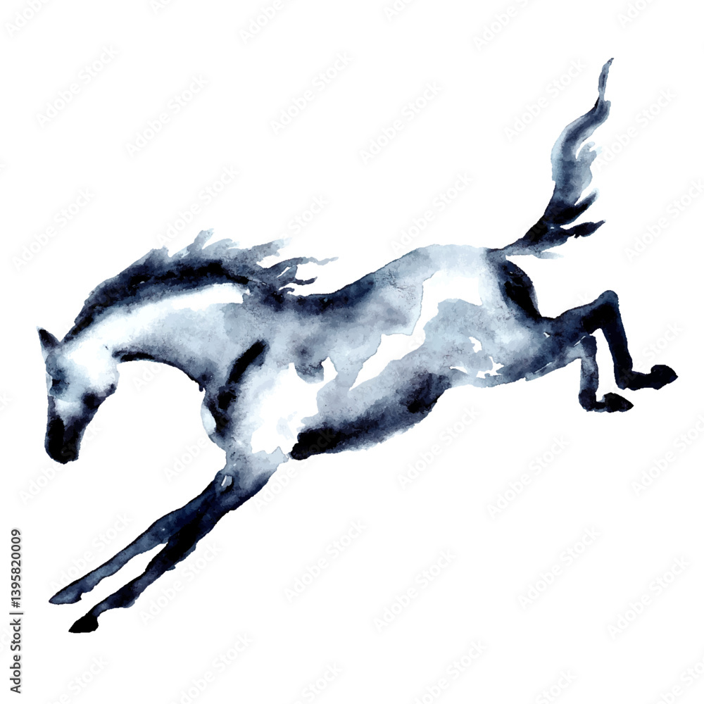 Kicking horse. Watercolor or ink hand painting. Beautiful hand drawing vector. Young horse or pony in motion. Equine art by artistic brush stroke. Strong stallion