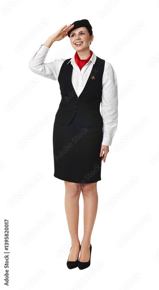 Happy flight attendant in uniform on white background Happy flight attendant in uniform on white background