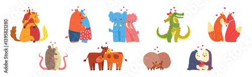 Animal Couple in Love Embrace and Hug Vector Set