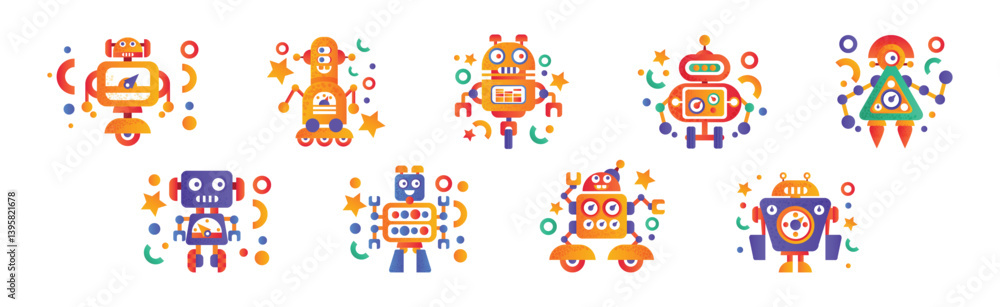 Fototapeta premium Colorful Robot and Cyborg with Limb Vector Set