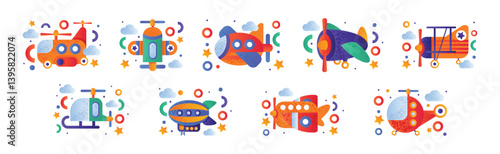 Flying Air Transport and Aircraft Vehicle for Travel and Journey Vector Set