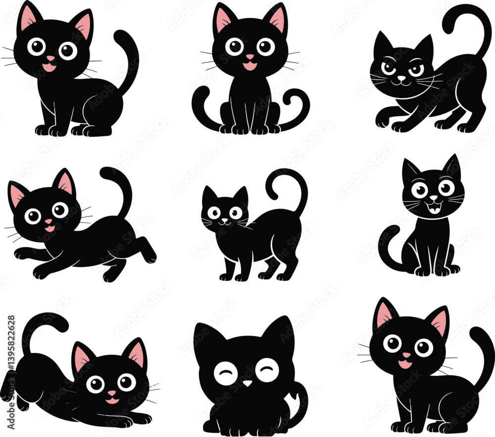 Fototapeta premium Cat silhouette set in different poses and playing cat vector illustration