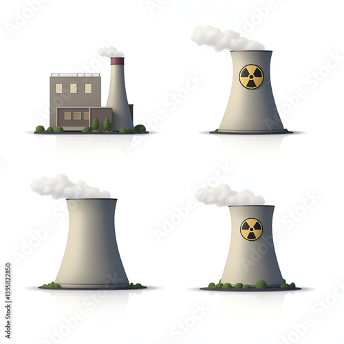 Set of Nuclear Power Plant Factory Icon Atomic Fission Electrical Energy Radioactive Emission Alternative Electricity Thermal Facility Vector Illustration