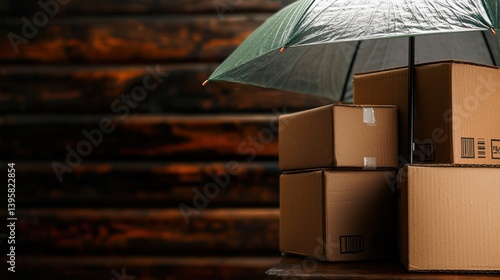 Packages protected by umbrella, wood background, safe delivery concept