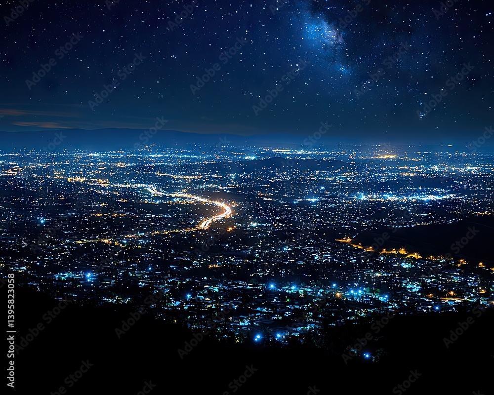Fototapeta premium Night cityscape panorama under a starlit sky, showcasing a sprawling metropolis illuminated