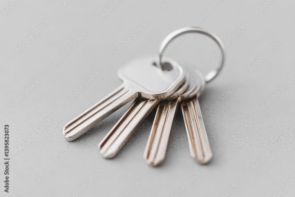 large keyring with various keys placed on simple background large keyring with various keys placed on simple background