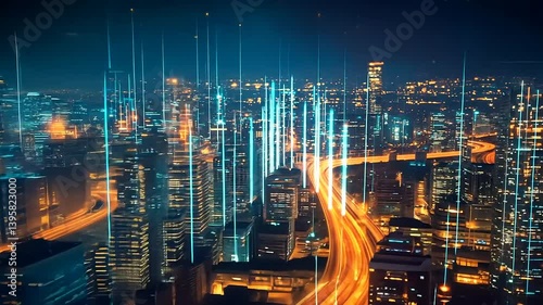 Wallpaper Mural Aerial View of City Skyline at Night with Neon Lights and Glowing Data Connections Torontodigital.ca