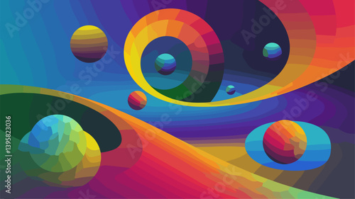 A stunning digital artwork featuring colorful spirals and spheres floating in a vibrant abstract space. Perfect for creative projects.