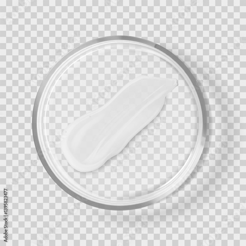 Glass Petri dish with niacinamide serum moisturizer gel cream stroke isolated realistic vector illustration. Concept laboratory tests and research