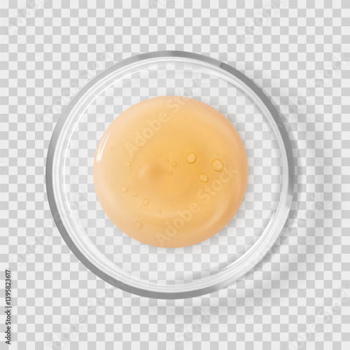 Glass Petri dish with Centella serum orange drop isolated realistic vector illustration. Concept laboratory tests and research