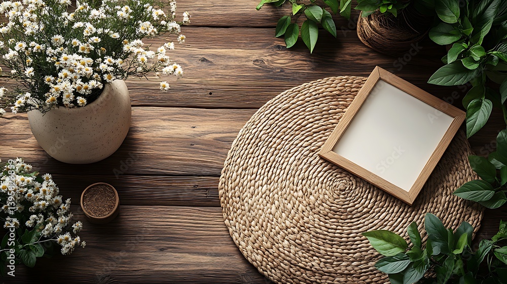 Wooden surface with floral arrangement, woven mat, frame and green plants, creating a natural and relaxing scene.
