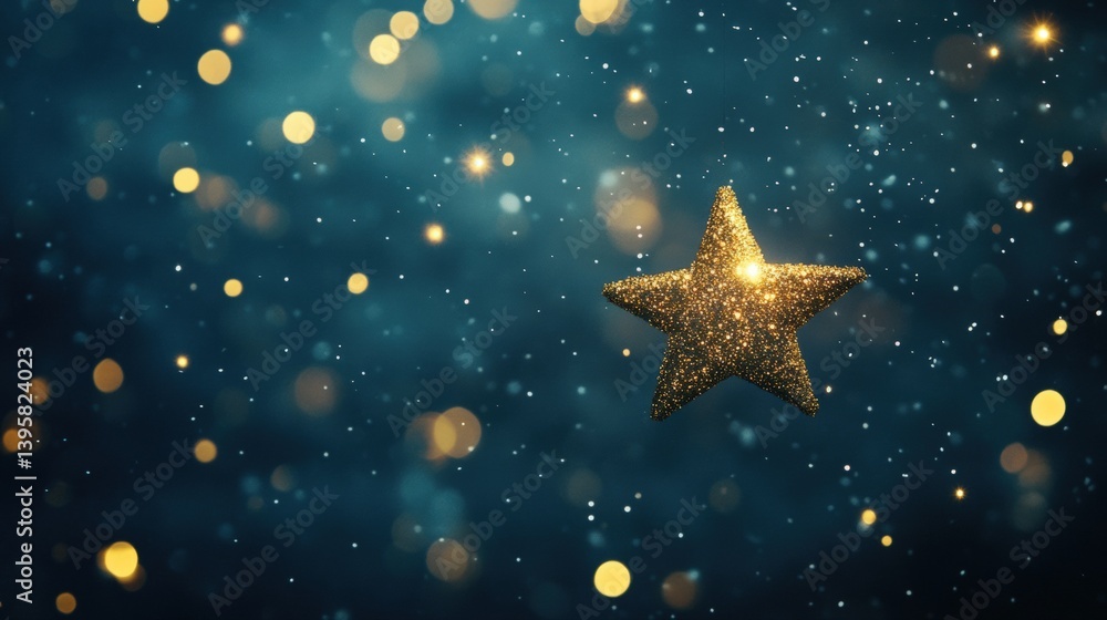 A shimmering gold star floats against a bokeh blue backdrop A shimmering gold star floats against a bokeh blue backdrop