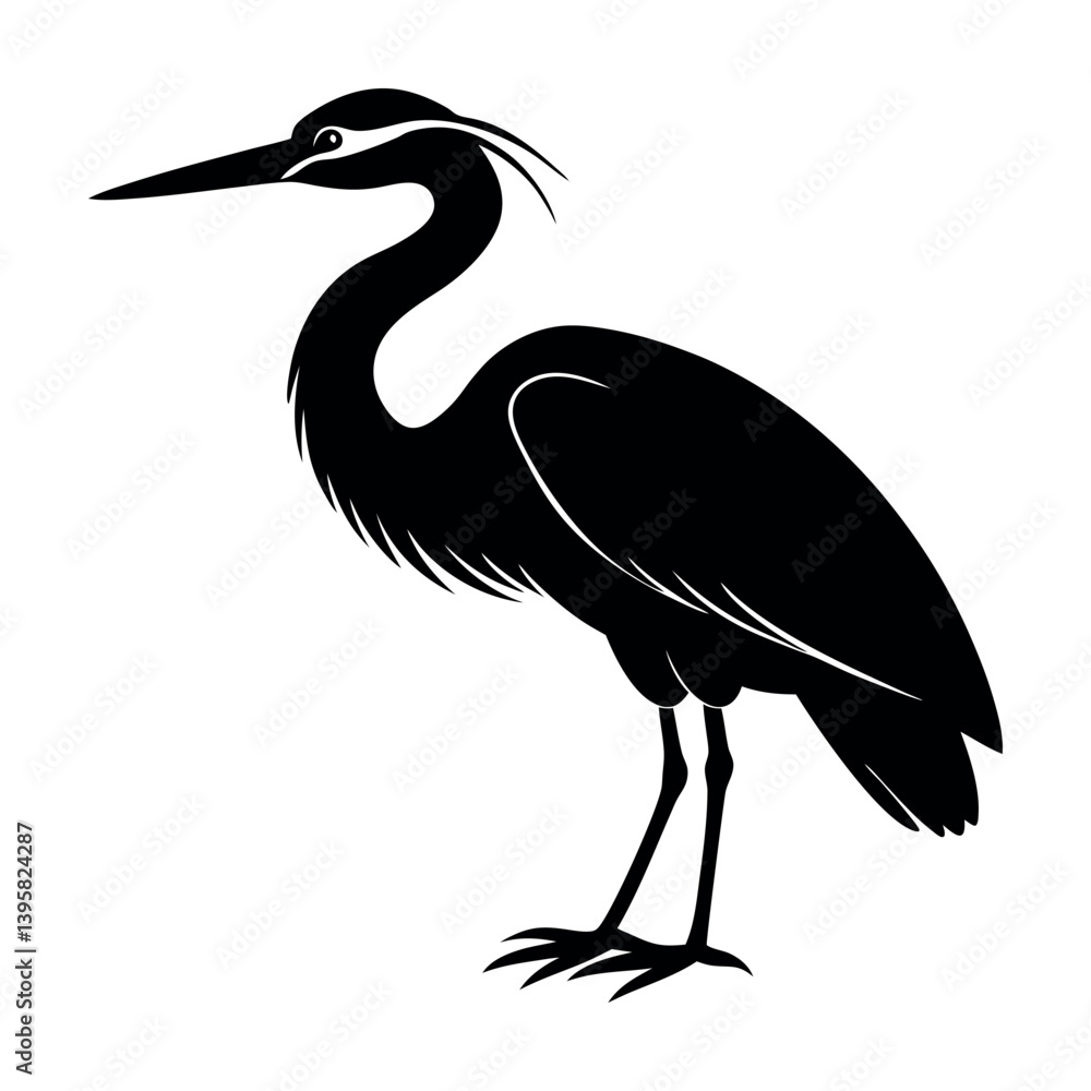 Obraz premium Silhouette of a heron on a white background, showcasing its elegant form and feathers in blue and grey, representing wildlife and nature, with a focus on its beak and wading posture