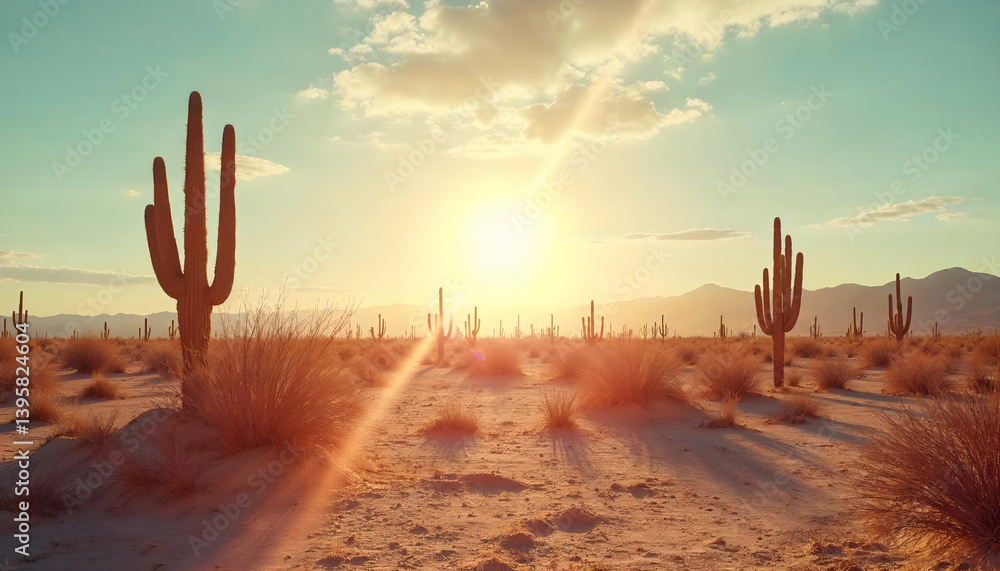 Cactus in Desert at Sunset with Golden Light and Blue Sky Cactus in Desert at Sunset with Golden Light and Blue Sky
